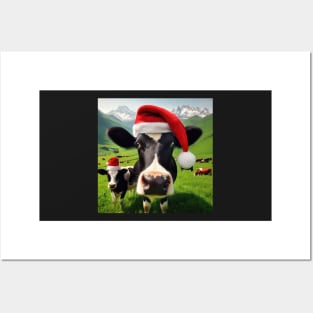 cow in the field wearing santa hat Posters and Art